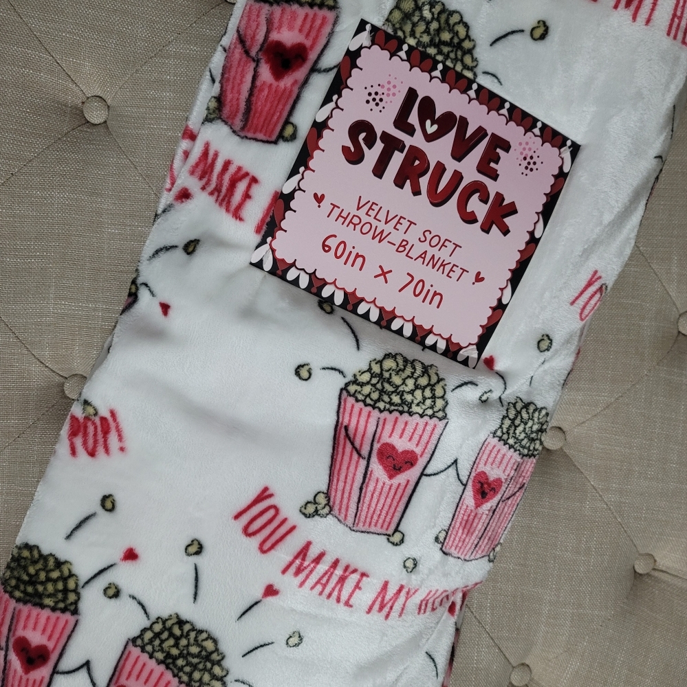 Oversized Plush Throw Blanket 60x70 Valentines Popcorn Movie Night Love Struck